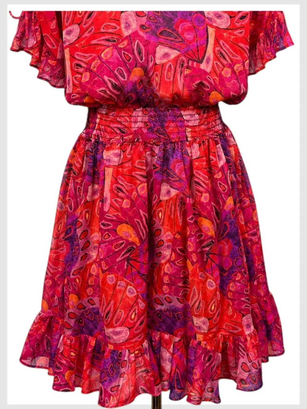 MISA Los Angeles Dominique Mini Dress Red Pink Smocked Ruffle XL